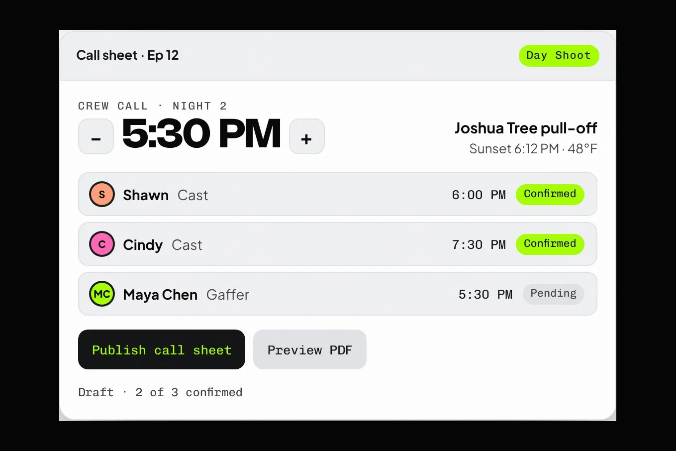 Pancake call sheet in day mode with crew call, cast confirmations and a publish button