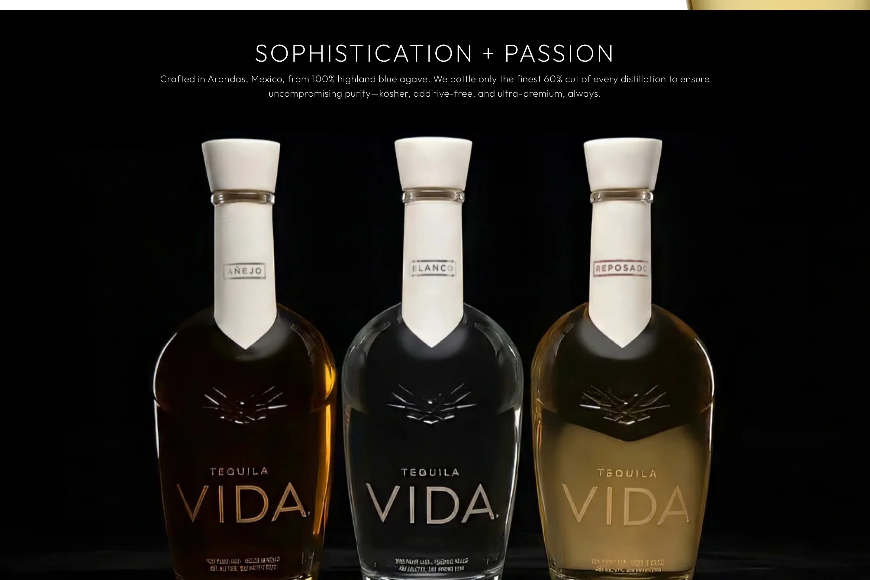 Vida Añejo, Blanco and Reposado bottles lit on black under the line Sophistication + Passion