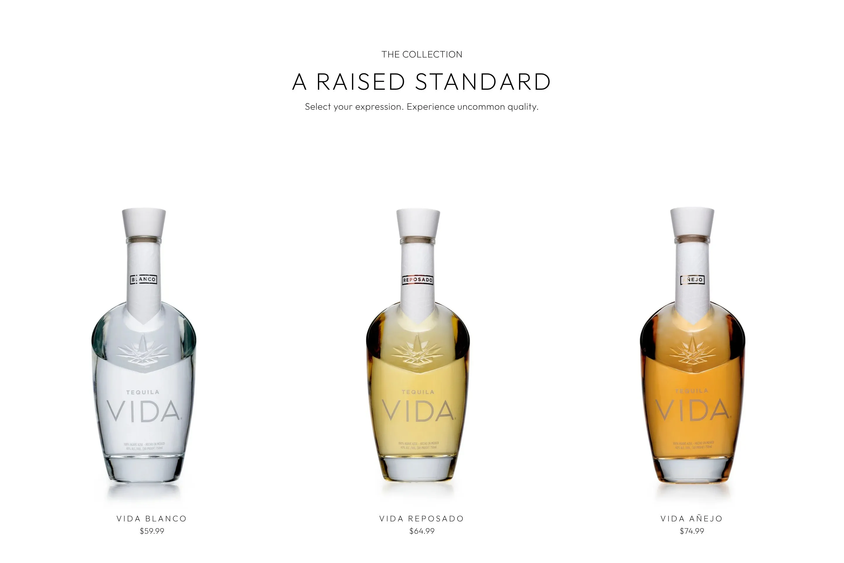 A Raised Standard: Vida Blanco, Reposado and Añejo on white with prices
