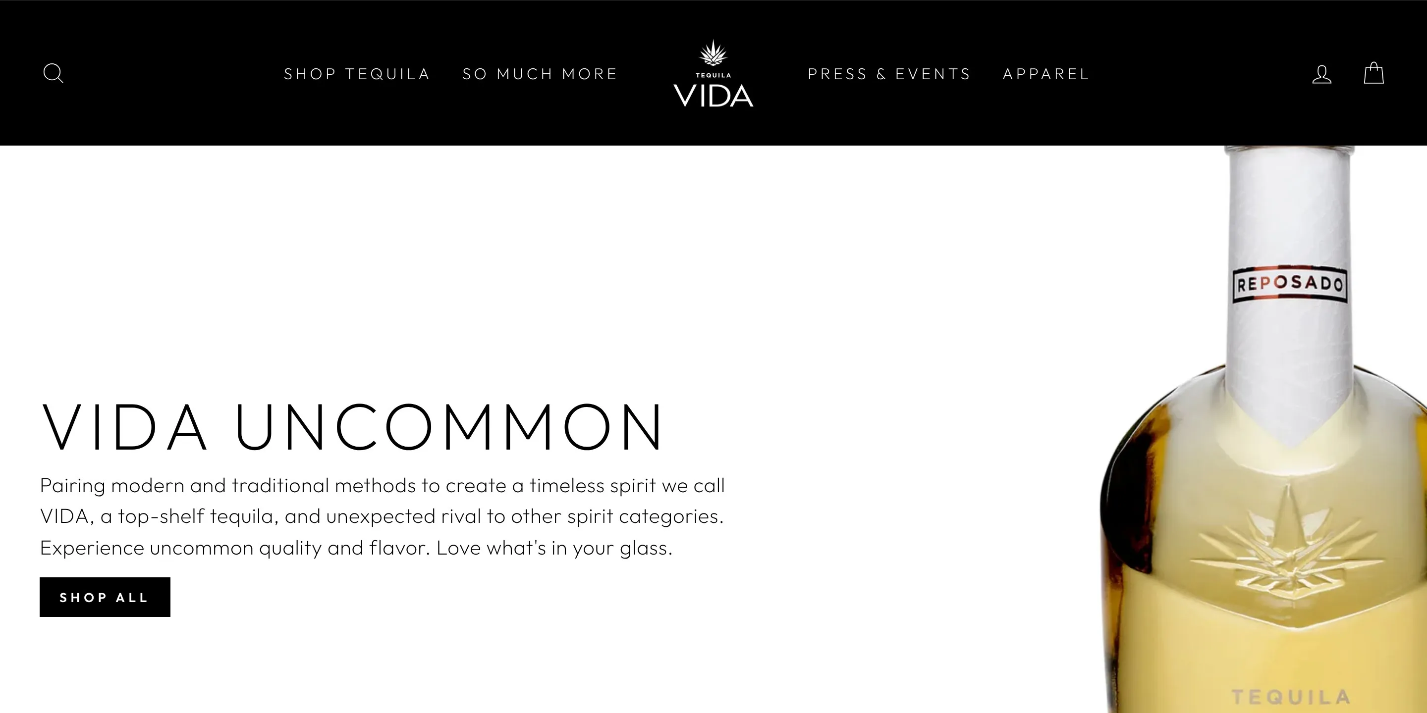 Vida Tequila home page: VIDA UNCOMMON beside a bottle of Vida Reposado