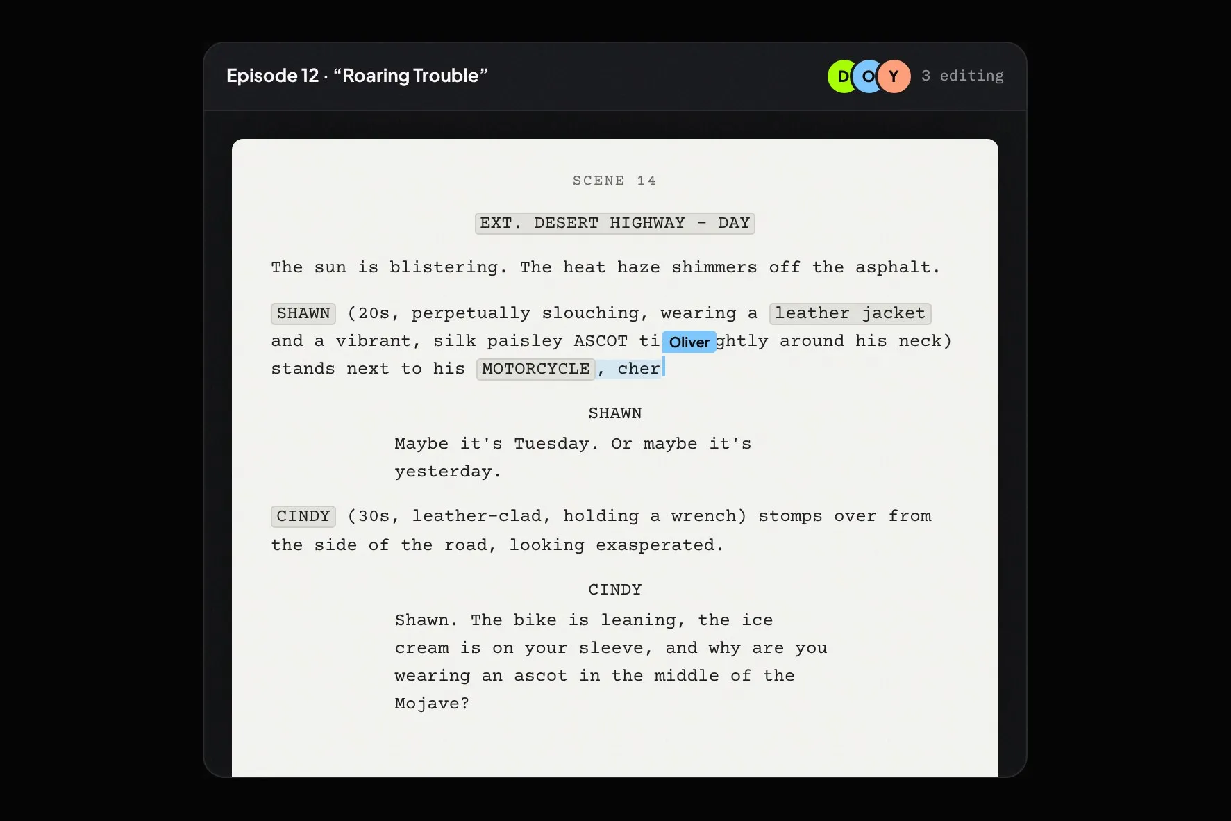 Pancake script editor for Episode 12, Roaring Trouble, with three people editing live